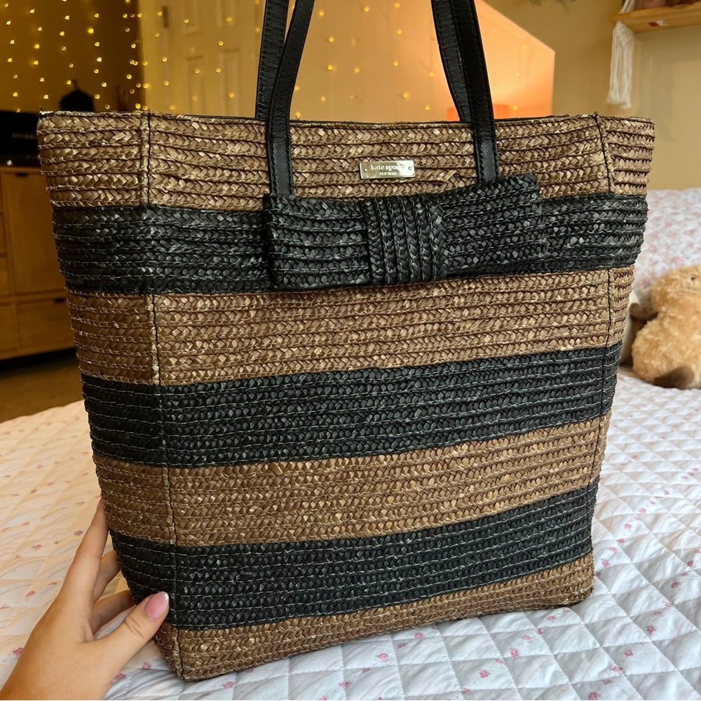 Kate Spade New York Straw Woven Tote Black Brown Striped Bow Beach Bag